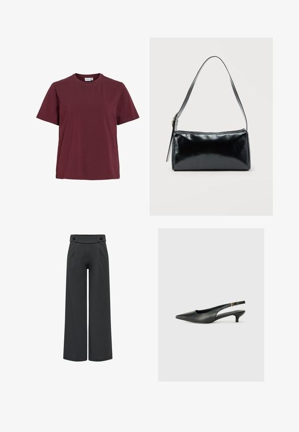 Simpel kortærmet t-shirt med rund hals i ensfarvet mørk bourgogne, vist på hvid baggrund uden mønstre eller logoer.; Sorte bukser med vide ben, høj talje og knapdetaljer på taljen, frontsøm og lige kant.; Sorte spidse slingback-sko lavet af glat læder. Har en tynd hæl og en spænde detalje på den justerbare rem.; Sort rektangulær skuldertaske med en enkelt justerbar rem og lynlås i toppen på en ensfarvet baggrund.