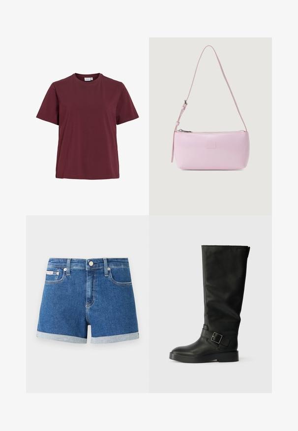 Effen t-shirt met korte mouwen en ronde hals in een donkere bordeauxrode kleur, afgebeeld op een witte achtergrond zonder patronen of logo's.; Donkerblauwe denim shorts met omgeslagen zoom. Voorzien van een knoopsluiting en voorkanten zakken. Gladde textuur met subtiele stikdetails.; Zwarte kniehoge laarzen van glad leer, met een ronde neus, een dikke zool en een horizontale band met een rechthoekige gesp.; Roze leren handtas met een gladde textuur, ovale vorm, lange verstelbare schouderband en een ritsafsluiting. Voorzien van het merklogo dat op de voorkant is geperst.