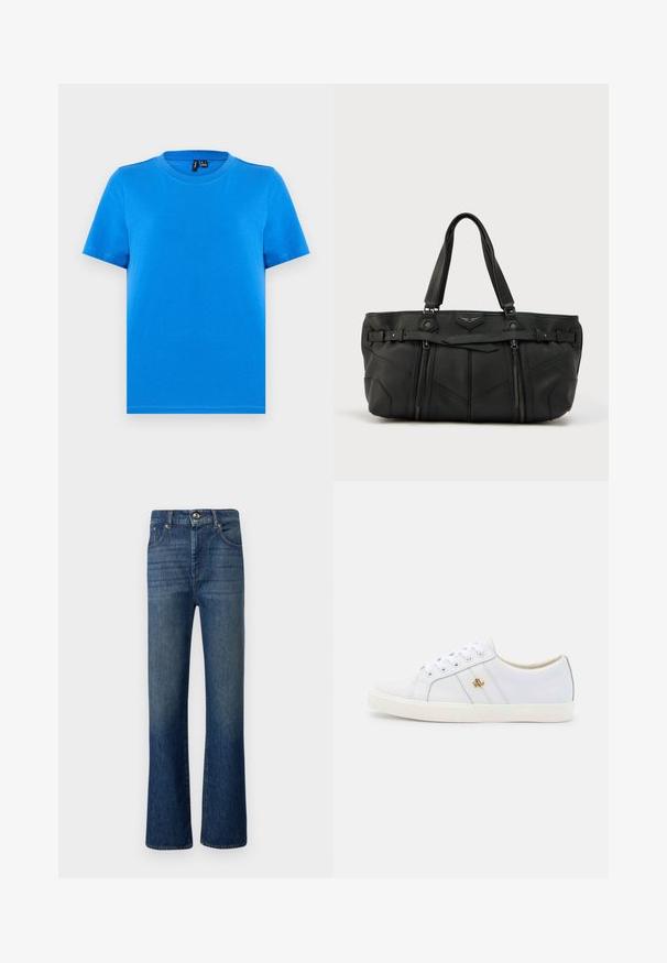 Schlichtes blaues T-Shirt mit kurzen Ärmeln und Rundhalsausschnitt, mit sichtbaren Kragennähten, flach auf einem hellgrauen Hintergrund dargestellt.; Dunkelblaue Jeans mit hoher Taille und weitem Bein. Glatte Textur mit subtilen Ausbleichungen, fünf Taschen und Metallknopfverschluß.; Lauren Ralph Lauren JANSON II ACTION LEATHER SNEAKER - Sneaker low - real white; Schwarze Ledertasche mit strukturiertem Design. Verfügt über zwei obere Henkel, eine strukturierte Oberfläche, Akzentriemen und zwei Reißverschlusstaschen.