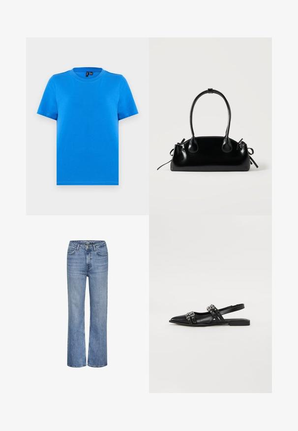 Camiseta de manga corta azul liso con cuello redondo y costuras visibles en el cuello, mostrada extendida sobre un fondo gris claro.; Jeans de mezclilla azul de tiro alto y pierna recta con cierre de botón en la parte delantera, cremallera y diseño de cinco bolsillos.; Even&Odd by Zalando Bailarinas con tira trasera - black; Pequeño bolso negro brillante con dos asas largas y detalles de cordón lateral sobre un fondo claro liso.