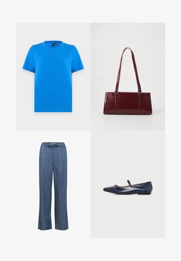 T-shirt bleu uni à manches courtes avec col rond et coutures visibles au col, présenté à plat sur un fond gris clair.; Pantalon en denim à jambes larges dans une teinte bleu moyen, doté d'une taille élastique avec un cordon de serrage réglable et d'une coupe droite pour un ajustement décontracté.; Chaussure plate en cuir bleu marine avec bout pointu et une fine bride sur le dessus du pied, vue de côté sur fond blanc.; Sac à main bordeaux en matériau brillant, de forme rectangulaire, avec deux anses et des accents légèrement courbés à l'avant.