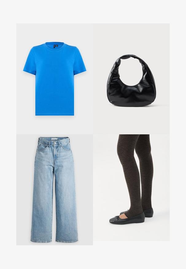 T-shirt bleu uni à manches courtes avec col rond et coutures visibles au col, présenté à plat sur un fond gris clair.; Jeans larges bleu clair à taille haute, fabriqués en denim. Ils possèdent un design classique à cinq poches et des accessoires en métal.; Jambes portant des leggings côtelés foncés associés à des ballerines noires avec de petits détails en nœud sur fond blanc.; Sac à main en simili cuir noir avec une forme de croissant unique, une large poignée rembourrée et une fermeture éclair. Texture lisse et brillante, design minimaliste.