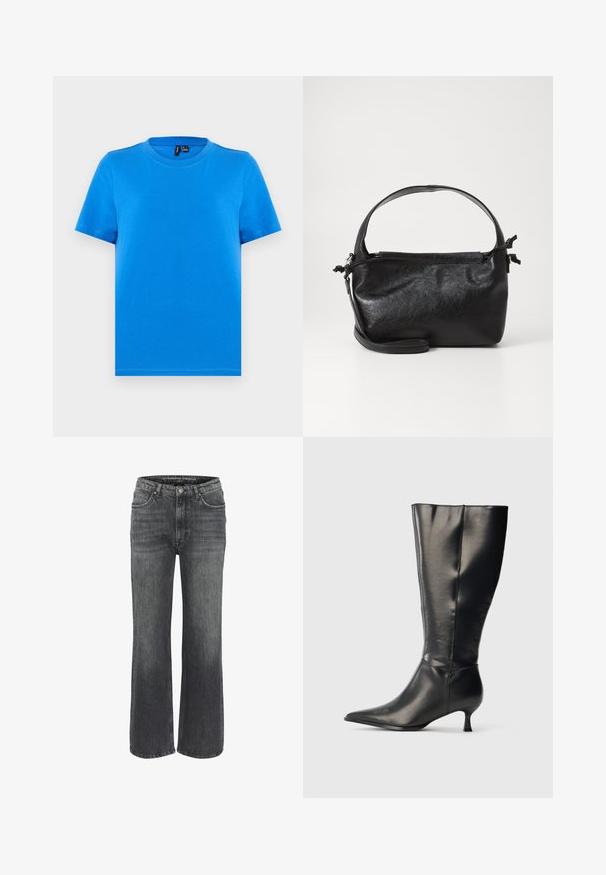 Effen blauwe korte mouw T-shirt met ronde hals en zichtbare kraagstiksels, plat uitgestald op een lichtgrijze achtergrond.; Wijd uitgesneden jeans in donkergrijze denim, met een klassieke vijf-pocketontwerp, gestikte details en een knoopsluiting in de taille.; Zwarte leren kniehoge laars met puntige neus en lage kittenhak, weergegeven op een effen lichte achtergrond.; Zwarte leren handtas met een gestructureerd ontwerp, een ronde bovenhandgreep en een afneembare schouderriem. Beschikt over een gladde textuur en een subtiele glans.