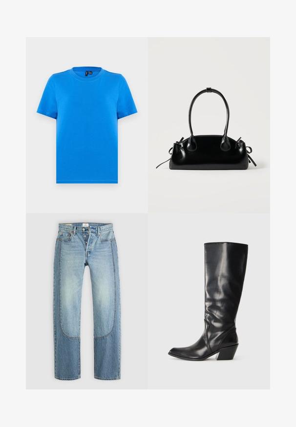 Enkelt blå kortærmet t-shirt med rund hals og synlige sømme ved kraven, lagt fladt på en lys grå baggrund.; Lyseblå denimjeans med en lige, løs pasform, der har kontrasterende paneldetaljer og en fem-lommer design. Knap-lukning.; Sorte læder knæhøje støvler med spids tå, vinklet hæl og glat tekstur. Funktioner en subtil syning langs siden.; Lille sort blank håndtaske med to lange håndtag og snøre-detaljer i siden på en ensfarvet lys baggrund.