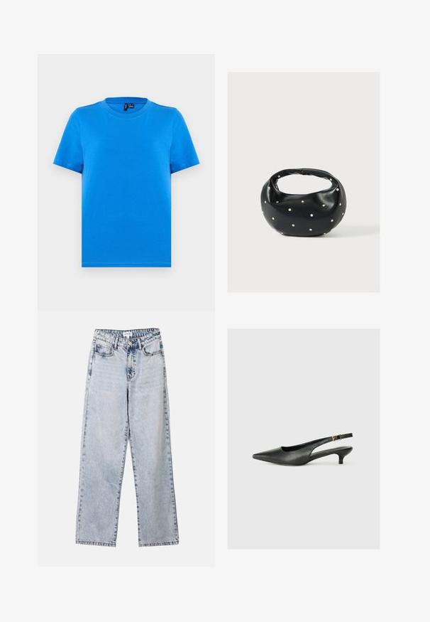 T-shirt bleu uni à manches courtes avec col rond et coutures visibles au col, présenté à plat sur un fond gris clair.; Jean droit bleu clair en denim, doté de deux poches avant, d'une fermeture à bouton et de coutures contrastées le long des coutures.; Chaussure slingback noire à bout pointu en cuir lisse. Présente un talon fin et un détail de boucle sur la sangle réglable.; Sac à main en cuir noir de forme arrondie, décoré de clous argentés et équipé d'une poignée courte. Texture lisse et fermeture éclair.