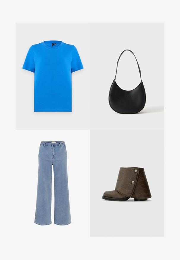 Enkelt blå kortærmet t-shirt med rund hals og synlige sømme ved kraven, lagt fladt på en lys grå baggrund.; Breddejeans lavet af lyseblå denim. Har et klassisk fem-lommers design, bæltestropper og diskrete syninger. Raw hem finish ved anklerne.; Brun læder ankelstøvle med en fold-over design, sølv hardware accenter, en rund tå, og en struktureret finish. Lav, flad sort sål.; Sort læder skuldertaske i halvmåneform med en enkelt rem og diskret præget brandnavn på en ensartet lys baggrund.