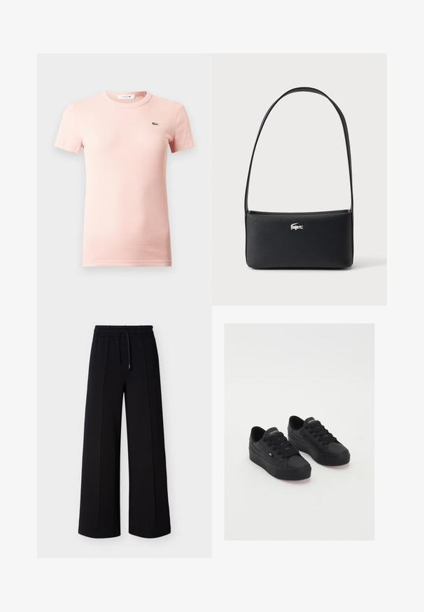 Camiseta de manga corta con ribetes en rosa claro, cuello redondo y un pequeño logo de cocodrilo verde de Lacoste en el pecho izquierdo.; Pantalones negros de pierna ancha hechos de tela suave, con una cintura elástica con cordón y costuras laterales para un ajuste relajado.; Zapatillas bajas negras de material suave, con cordones gruesos, una suela texturizada y un pequeño logo en el lateral y la lengüeta.; Bolso de hombro rectangular negro con correa larga y pequeño logo plateado de cocodrilo en el centro delantero.