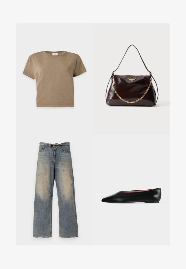 Effen bruine korte mouwen cropped t-shirt met ronde hals op een lichtgrijze achtergrond.; Lichtblauwe denim jeans met een losse, recht gesneden pasvorm. Voorzien van slijtageplekken, vervaging en distressed details bij de knieën. Klassiek five-pocket ontwerp.; Zwarte leren damesschoen met platte zool, puntige neus en lage hak, zijwaarts afgebeeld tegen een effen lichtgrijze achtergrond.; Donkerbruine glanzende leren handtas met een gouden vleugelembleem, gouden kettinkdetail en een dunne leren schouderriem op een effen achtergrond.