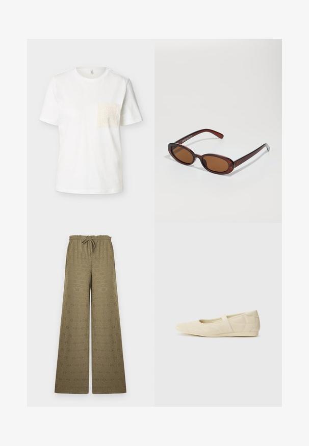 T-shirt blanc à manches courtes avec un col rond et une poche en dentelle crème texturée sur le côté gauche de la poitrine.; Pantalon kaki à jambes larges avec motif à œillets, taille élastique et cordon, présenté sur un fond clair uni.; Ballerines beiges avec une exterior en cuir lisse, un bout en forme d'amande et une sangle élastique sur le coup de pied, avec des détails de couture subtils.; Lunettes de soleil rondes teinte brun avec une monture bordeaux brillante. Branches fines avec un détail de marque subtil. Design de verres plats.