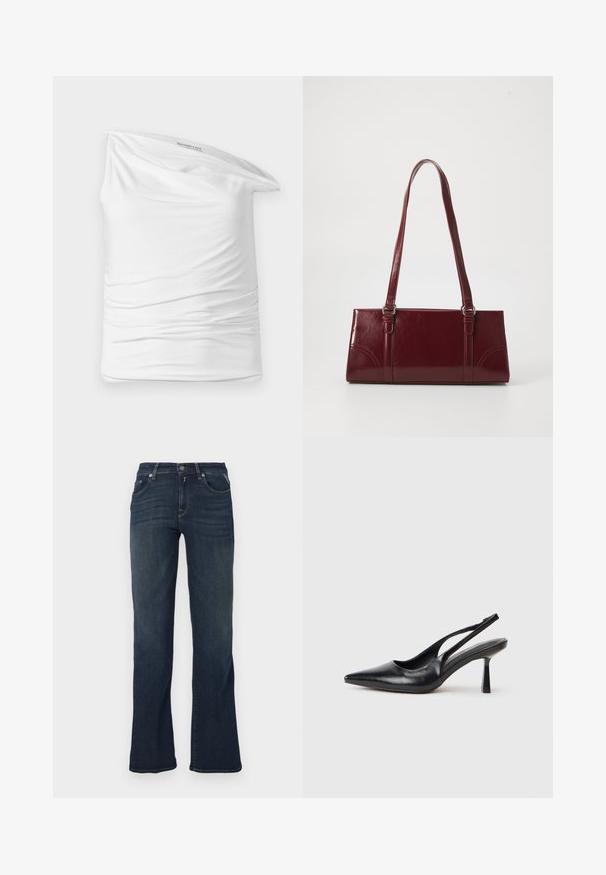 Haut blanc à une épaule en tissu doux et extensible avec un ruché sur le côté. Présente un design décontracté drapé et une étiquette dans l'encolure.; Jean en denim bleu foncé avec un design à jambe évasée, comportant cinq poches et des détails de couture contrastants. Texture lisse et taille standard.; Chaussure à talon haut en cuir noir, à bride arrière, avec un bout pointu et un talon fin sur fond blanc.; Sac à main bordeaux en matériau brillant, de forme rectangulaire, avec deux anses et des accents légèrement courbés à l'avant.
