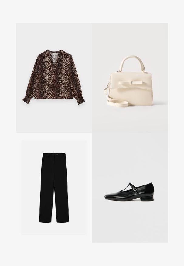 Bluse mit Leopardenmuster, V-Ausschnitt, langen Ärmeln und elastischen Bündchen. Hergestellt aus einem weichen, leichten Stoff in Braun- und Beigetönen.; Schwarze gerade geschnittene Hose mit Gürtelschlaufen, Frontreißverschluss und Seitentaschen, flach auf hellem Hintergrund ausgelegt.; Schwarze Mary Jane Schuhe aus Leder mit spitzer Spitze, kleinem Blockabsatz und verstellbarem Riemen mit silberner Schnalle. Glatte, glänzende Textur.; Kleine beige Handtasche mit Tragegriff oben, abnehmbarem Riemen, vorderer Klappe und dekorativer horizontaler Schleife vor einfarbigem Hintergrund.