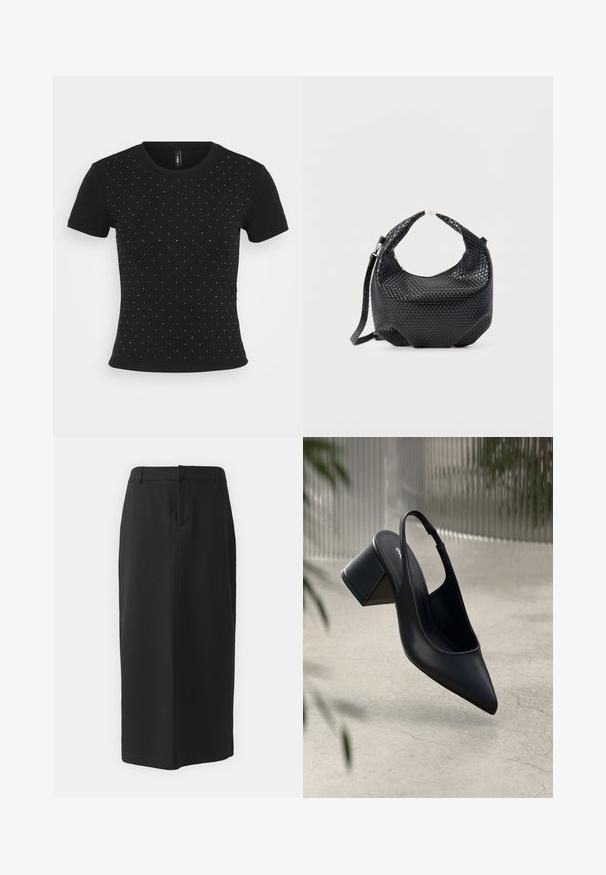 Sort kortærmet T-shirt lavet af ribbet stof med spredte rhinsten accenter på forsiden for ekstra detaljer.; Sort blyantskirt, knælang, lavet af glat materiale. Har en slids bagpå og sidelommer, med et enkelt design og neutral farve.; Sort læder slingback hæl med spids tå og blokhæl. Glat tekstur, minimalistisk design og justerbar ankelrem.; Sort flettet læderhåndtaske med kort håndtag og aftagelig skulderrem, vist mod en ensfarvet lys baggrund.
