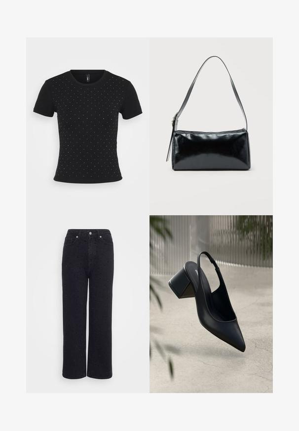Camiseta negra de manga corta hecha de tela de canalé, con detalles de pedrería dispersos por el frente para darle un toque adicional.; Pantalones de mezclilla negra de pierna ancha con una cintura alta, que presentan acentos decorativos de tachuelas en todo su diseño y una textura suave.; Zapato de tacón slingback de cuero negro con punta afilada y tacón cuadrado. Textura suave, diseño minimalista y correa ajustable en el tobillo.; Bolso de hombro rectangular negro con una correa ajustable y un cierre de cremallera superior sobre un fondo liso.