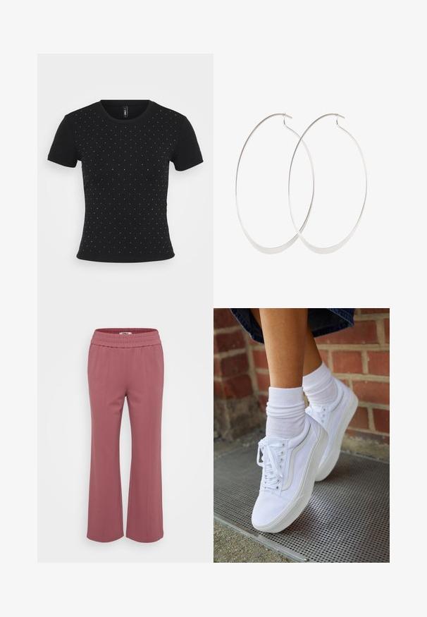 Schwarzes kurzärmliges T-Shirt aus Rippstoff, das auf der Vorderseite verstreute Strassakzente für zusätzliche Details aufweist.; Taillierte, leichte Hose in einem staubigen Rosaton. Mit elastischem Bund und weiten, geraden Beinen. Weicher Stoff ohne sichtbare Muster.; Weiße Leinensneaker mit Gummisohlen, ausgestattet mit sechs Ösen, runder Zehenpartie und dezenten Nähten, kombiniert mit weißen Knöchelsocken.; Silberne Creolen mit einem dünnen, glatten Design; länglich-ovale Form; polierte Oberfläche; ausgestattet mit einem sicheren Hakenverschluss.