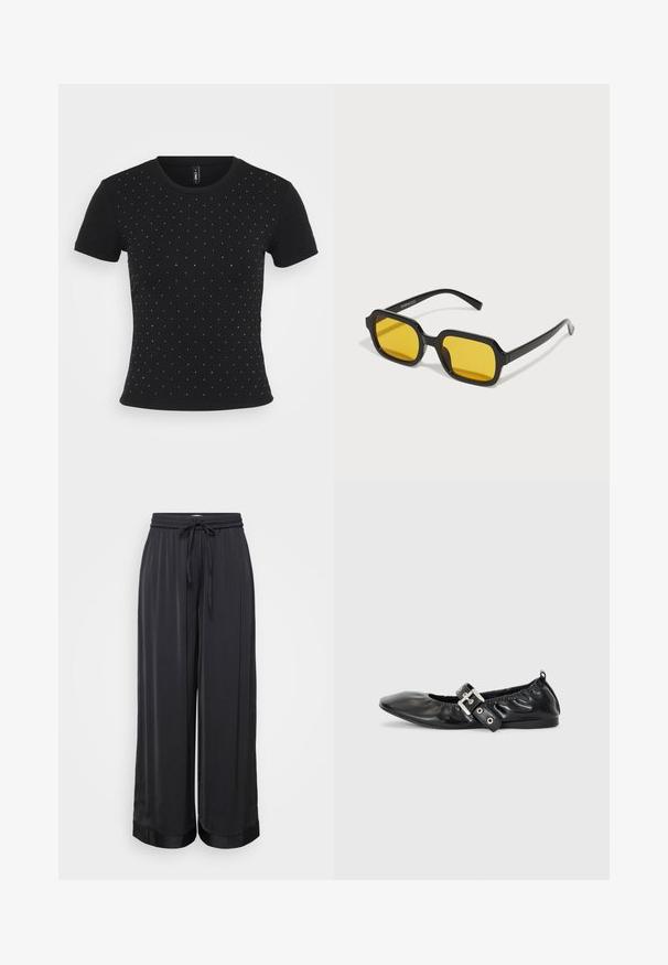 Camiseta negra de manga corta hecha de tela de canalé, con detalles de pedrería dispersos por el frente para darle un toque adicional.; Pantalones anchos negros hechos de una tela suave, con una cintura elástica y cordones, y una textura ligeramente brillante.; Zapato plano de piel negra con puntera afilada, detalle fruncido alrededor de la abertura y un acento de hebilla plateada en la correa ajustable.; Gafas de sol negras rectangulares con lentes amarillos. Presentan montura gruesa y un diseño angular con un acabado liso y brillante.