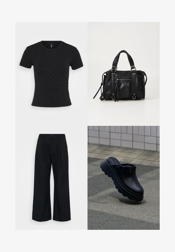 Camiseta negra de manga corta hecha de tela de canalé, con detalles de pedrería dispersos por el frente para darle un toque adicional.; Pantalones de pierna ancha negros, hechos de un tejido suave, con un frente plano, pliegues visibles y una cinturilla con argollas para un cinturón.; Zueco negro sin cordones con suela gruesa y de dibujo marcado, y una correa ajustable, situado sobre asfalto con una pared de azulejos al fondo.; Bolso de mano de imitación cuero negro texturizado con asas trenzadas, detalles en hardware plateado y un bolsillo con cremallera en la parte frontal. Diseño compacto con correa para el hombro desmontable.