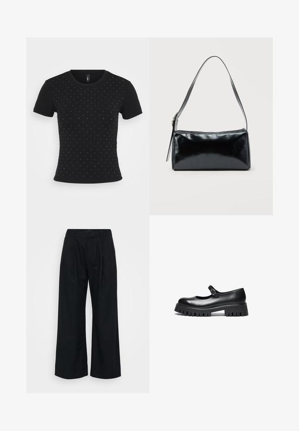 Camiseta negra de manga corta hecha de tela de canalé, con detalles de pedrería dispersos por el frente para darle un toque adicional.; Pantalones de pierna ancha negros, hechos de un tejido suave, con un frente plano, pliegues visibles y una cinturilla con argollas para un cinturón.; Zapato negro de cuero estilo Mary Jane con punta redonda, correa en el tobillo y suela de goma gruesa con detalles estriados.; Bolso de hombro rectangular negro con una correa ajustable y un cierre de cremallera superior sobre un fondo liso.