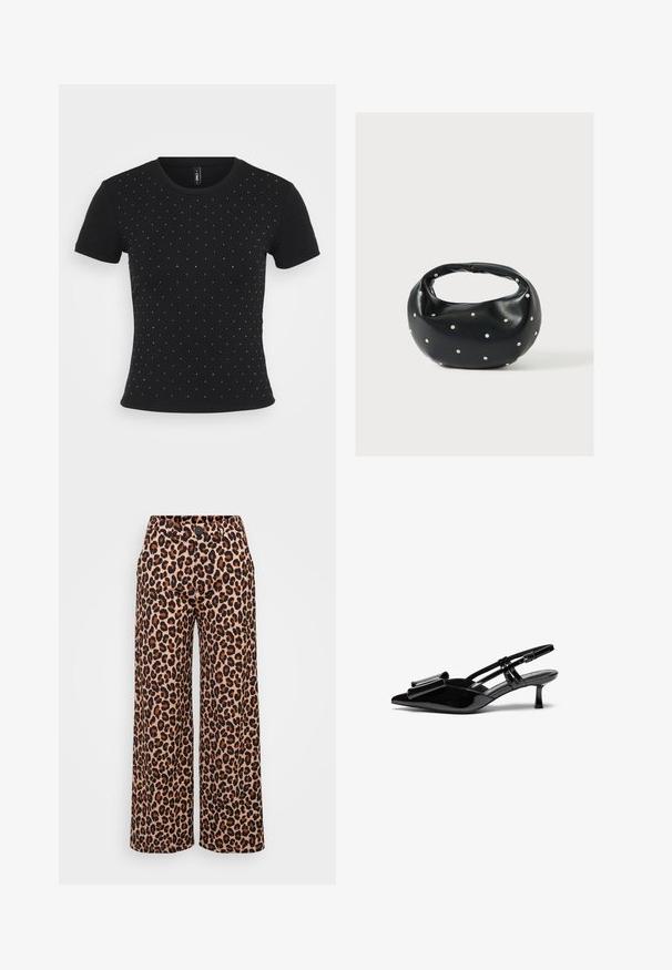 Schwarzes kurzärmliges T-Shirt aus Rippstoff, das auf der Vorderseite verstreute Strassakzente für zusätzliche Details aufweist.; Even&Odd Petite P-EO-AW21-A-003-SP / PETITE_TAILORED WIDE LEG TROUSERS - Stoffhose - brown; Schwarze Lackleder-Slingbacks mit spitzer Zehenpartie, einer Schleifendetail an der Vorderseite und einem kleinen Stiletto-Absatz. Die Riemen haben verstellbare Schnallen.; Schwarze Lederhandtasche mit abgerundeter Form, verziert mit silbernen Nietenakzenten und kurzem Griff. Glatte Struktur und Reißverschlussverschluss.