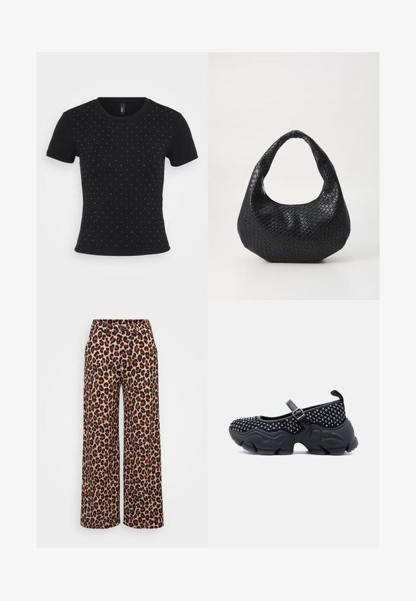 T-shirt noir à manches courtes en tissu côtelé, orné de strass dispersés sur le devant pour un détail supplémentaire.; Even&Odd Petite by Zalando P-EO-AW21-A-003-SP / PETITE_TAILORED WIDE LEG TROUSERS - Pantalon classique - brown; Chaussure Mary Jane noire avec semelle épaisse texturée, dessus clouté et bride à boucle réglable, présentée en profil latéral sur fond blanc.; Sac à main tissé noir avec une poignée courbée, présentant une surface texturée et une forme décontractée. Fini lisse avec une silhouette organique.