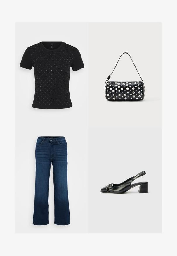 Sort kortærmet T-shirt lavet af ribbet stof med spredte rhinsten accenter på forsiden for ekstra detaljer.; ONLY Petite ONLMADISON BLUSH WIDE - Wide leg - dark blue denim; Sorte læder slingback hæl med spids tå, tekstureret rem med cirkulære metalliske accenter, og en stablet blokhæl.; Sort læderhåndtaske med rund form, dekoreret med sølvnitter. Har en aftagelig rem og lynlås. Glat tekstur.