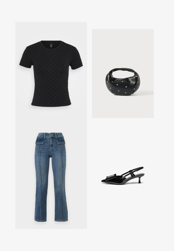 Schwarzes kurzärmliges T-Shirt aus Rippstoff, das auf der Vorderseite verstreute Strassakzente für zusätzliche Details aufweist.; ONLY Petite ONLWAUW MID WAIST FLARED - Flared Jeans - medium blue denim; Schwarze Lackleder-Slingbacks mit spitzer Zehenpartie, einer Schleifendetail an der Vorderseite und einem kleinen Stiletto-Absatz. Die Riemen haben verstellbare Schnallen.; Schwarze Lederhandtasche mit abgerundeter Form, verziert mit silbernen Nietenakzenten und kurzem Griff. Glatte Struktur und Reißverschlussverschluss.