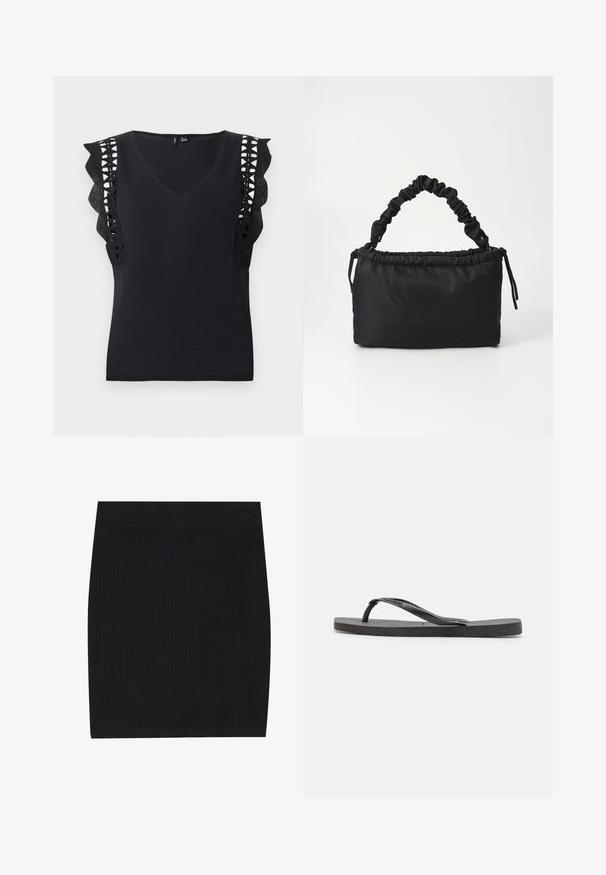 Sort ærmeløs top med V-hals og flæseærmer med blonde mønster på hvid baggrund.; Sort ribbet strikket mini nederdel med et tætsiddende design, glat tekstur og en elastisk talje for komfort.; Havaianas SLIM SQUARE - Sandaler m/ tåsplit - black; Sort taske lavet af blødt, glat stof. Har et sammensnoet håndtag og en snørrelukning, med en rektangulær form og ingen synlig hardware.
