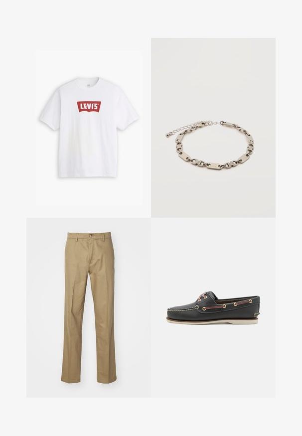 Biela bavlnená tričko s červeným logom Levi's v zakrivenom dizajne. Krátke rukávy, okrúhly výstrih, hladký povrch, štandardný strih.; Béžové nohavice z hladkej tkaniny. Rovno strihaný dizajn s gombíkovým zapínaním. Obsahujú pútka na opasok a klasický strih pre všestranné nosenie.; Čierne kožené loďové topánky s okrúhlou špičkou, bielou gumovou podrážkou, zlatými očkami a kontrastnými bordovými šnúrkami. Obsahujú prešívané detaily.; Náramok zo striebornej kovovej retiazky s prekladanými obdĺžnikovými a oválnymi spojmi, nastaviteľná spona s malým okrúhlym príveskom na bielom pozadí.