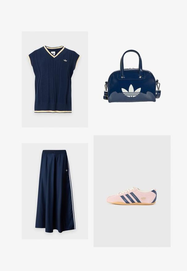 Marineblaue ärmellose Strickweste mit V-Ausschnitt, cremefarbener Einfassung an Hals, Ärmeln und Saum und kleinem Adidas-Logo auf der linken Brust.; Marineblauer Maxirock mit elastischem Bund, zwei weißen Seitenstreifen und kleinem weißen Adidas-Logo auf der linken Seite.; Helle rosa Sneakers aus Wildleder mit marineblauen Streifen und Akzenten. Verfügt über eine hellcremefarbene Zunge und Schnürsenkel sowie eine Sohle aus Gummi.; Glänzende, dunkelblaue Handtasche mit zwei Griffen und verstellbarem Riemen, vorne mit einem großen weißen Adidas-Trefoil-Logo.