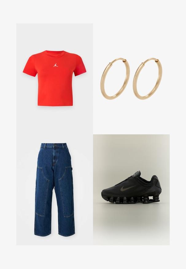 Lys rød kortærmet cropped T-shirt med en lille hvid Jumpman-logo midt på brystet.; Mørk denim bredbenede jeans med høj talje, der har store forlommer og kontrastsyninger. Stoffet har en let struktur.; Sort Nike-sneaker med lynlåsfunktion øverst og karakteristisk fjederlignende opdelt sål, vist i sideprofil mod en neutral baggrund.; Guldøreringe med en glat, poleret overflade. Rund form, mellemstor, med en sikker lukkemekanisme.