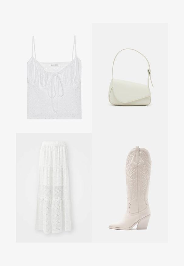 Haut sans manches blanc avec un col froncé, un détail à nouer et un motif de broderie anglaise texturé sur le tissu. Étiquette de marque : even&odd.; Jupe maxi blanche à plusieurs niveaux en dentelle, arborant un motif ondulé et une taille élastique. Design léger et fluide, idéal pour les temps chauds.; Bottine de cowboy en cuir blanc avec un bout pointu et un talon bloc. Présente des motifs de broderie complexes sur la tige et une texture lisse.; Sac à main en cuir synthétique blanc avec une forme triangulaire structurée, une bandoulière unique réglable et un rabat à courbes accentuées.