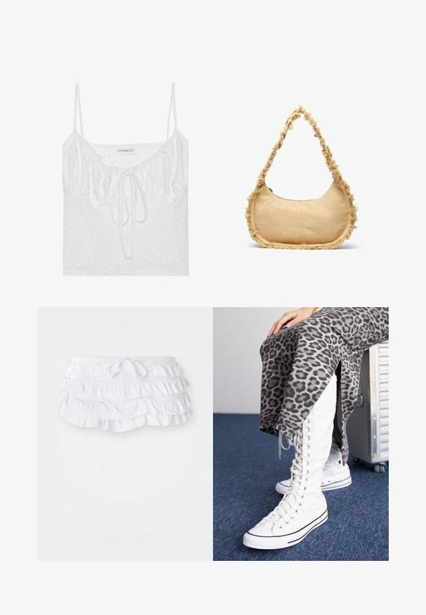 Top blanco sin mangas con un cuello fruncido, detalle de lazo y un patrón de ojales texturizados en la tela. Etiqueta de la marca: even&odd.; Falda de baño blanca con volantes y múltiples capas, que presenta una cintura con cordón para ajustar. Tela suave con una textura lisa.; Botas blancas con cordones y caña alta, confeccionadas en lona, presentan detalles en negro. Combinadas con una falda de estampado de leopardo gris que tiene aberturas laterales.; Bolso beige texturizado con forma redondeada, con un borde deshilachado a lo largo de los lados y una correa corta para llevar. Apertura con cremallera en la parte superior.