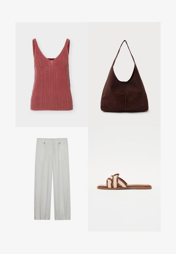 Débardeur tricoté sans manches en rose poudré avec un col en V et des détails ajourés verticaux à motif.; Pantalons taille haute en gris clair, à jambes larges, fabriqués en tissu doux. Comprend deux plis avant, deux boutons de fermeture et une texture lisse.; Sandales plates brunes avec de larges sangles en tissu tressé, dotées d'une semelle synthétique lisse et d'un design minimaliste.; Sac hobo en daim marron avec une grande ouverture courbée et une large bandoulière. Présente une couture centrée à l'avant. Texture lisse.
