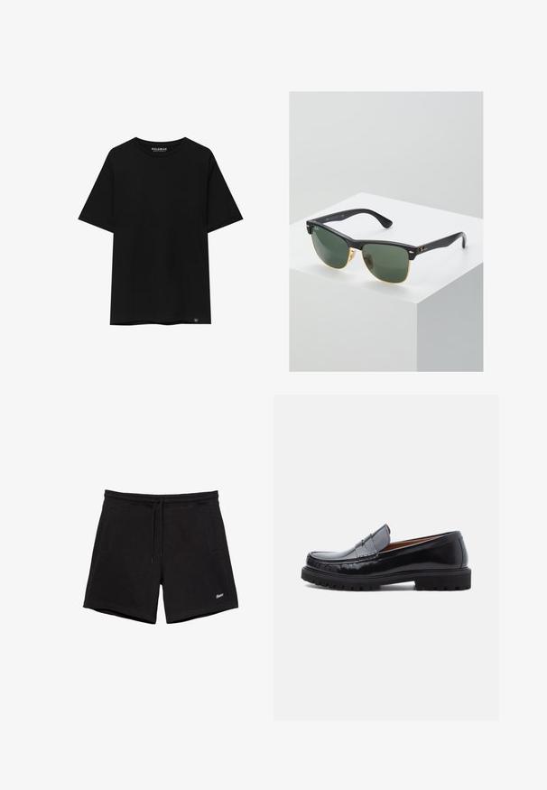 T-shirt noir à manches courtes en coton, avec un col ras du cou et une petite étiquette de marque en bas à gauche.; Shorts noirs décontractés avec une ceinture élastique, un cordon de serrage, deux poches latérales et un petit logo blanc brodé sur la jambe gauche.; Mocassin penny en cuir noir avec semelle en caoutchouc épaisse et couture moc toe, montré de profil sur un fond blanc.; Lunettes de soleil Ray-Ban avec des verres verts, monture en plastique noir et accents dorés sur les bords. Forme carrée avec une finition mate.