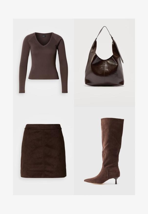Bruine lange mouwen V-hals top met een getailleerde pasvorm, gemaakt van een zachte stretchstof, met raglanmouwen en schone zomen.; Bruine suede mini-jurk met een gladde textuur, aansluitende taille en verticale naaddetails. Minimalistisch ontwerp zonder extra versieringen.; Bruine suède knie-high laars met een puntige neus, slanke hak en een gladde textuur; heeft een fitted ontwerp en minimalistische afwerking.; Donkerbruine glanzende leren schoudertas met een enkele brede riem en gespsdetail aan één kant, tegen een effen lichte achtergrond.