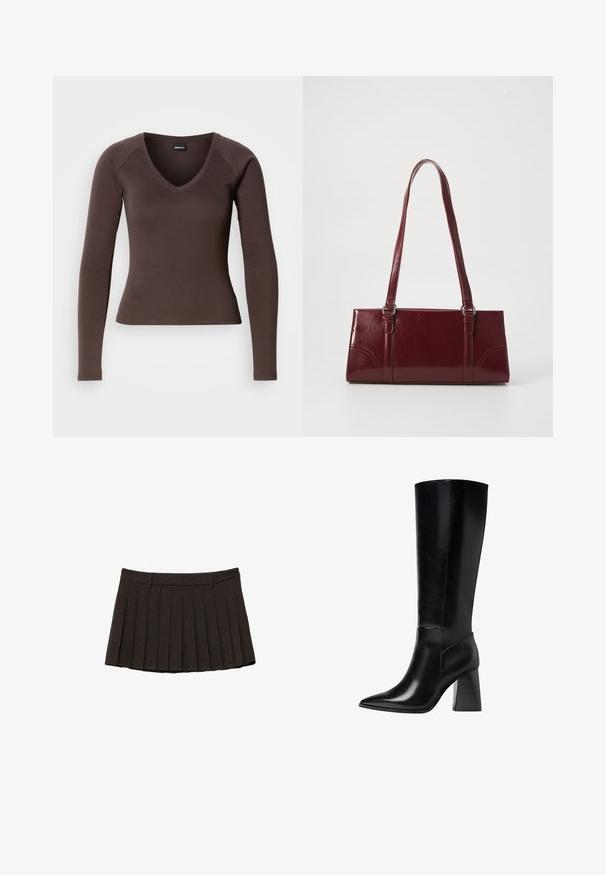 Haut à manches longues marron en V, à la silhouette ajustée, fabriqué en tissu extensible doux, avec des manches raglan et des ourlets nets.; Mini-jupe plissée noire avec passants de ceinture et ceinture structurée sur fond blanc.; Bottes en cuir noir arrivant au genou, avec un bout pointu, une texture lisse et un talon épais et cranté pour la stabilité. Design élégant avec des accents minimalistes.; Sac à main bordeaux en matériau brillant, de forme rectangulaire, avec deux anses et des accents légèrement courbés à l'avant.