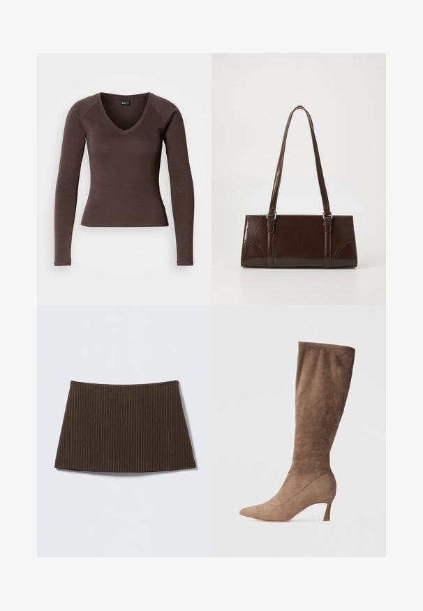 Haut à manches longues marron en V, à la silhouette ajustée, fabriqué en tissu extensible doux, avec des manches raglan et des ourlets nets.; Jupe marron à fines rayures, coupe ajustée, texture lisse et ourlet évasé, idéale pour un look sur mesure.; Botte en daim marron jusqu'au genou avec un bout pointu et un talon effilé, présentant une texture lisse et un design sans couture.; Sac à main en cuir verni marron de forme rectangulaire, avec deux longues poignées et des accents courbés subtils à l'avant.