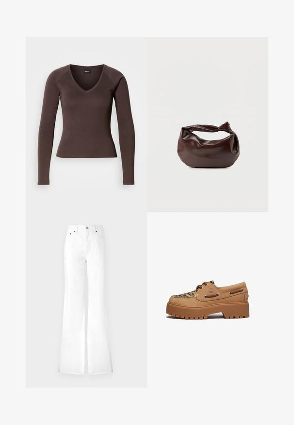 Brun langærmet V-hals top med en tætsiddende silhuet, fremstillet af glat strækstof, med raglanærmer og rene kanter.; Hvide denim flared jeans med høj talje, fem lommer og metalknaplukning. Glat tekstur, enkelt design; lige ben der smalner ind ved kanten.; Timberland STONE STREET - Sejlersko - medium beige; Mørkebrun læder skuldertaske med en blød, afslappet form og et snoet knudehåndtag på en ensartet hvid baggrund.