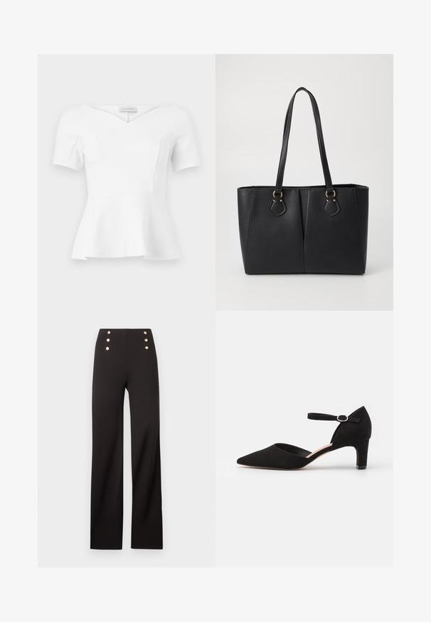Hvid peplum-top med korte ærmer, hjertesnitsudskæring og figursyet talje, mærket "Anna Field" synligt indeni kraven.; Sort, højhøjet bukser med vide ben og seks guldknapper arrangeret i to lodrette rækker nær linningen.; Sort ruskinds pumps med spids tå, ankelrem med cirkulær spænde og en lav blokhæl. Glat tekstur og minimalistisk design.; Sort faux læder tote taske med en tekstureret finish, to lange håndtag og hardware i guld tone-accenter på siden. Rektangulær form.