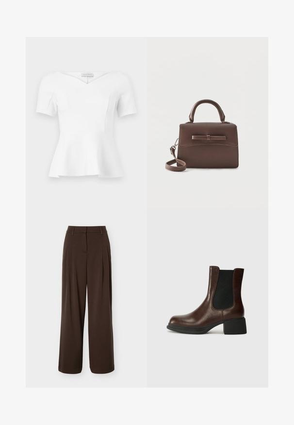 Haut blanc à manches courtes avec basque, encolure en cœur et taille cintrée, étiquette "Anna Field" visible à l'intérieur du col.; Pantalon large marron foncé avec plis à l'avant, passants de ceinture et fermeture éclair avant cachée.; Bottine en cuir marron avec un bout arrondi, un panneau latéral élastique et un talon épais noir. Texture lisse avec un design minimaliste.; Petit sac à main en cuir marron avec poignée supérieure, bandoulière amovible et rabat avant accentué par une bande horizontale en cuir.