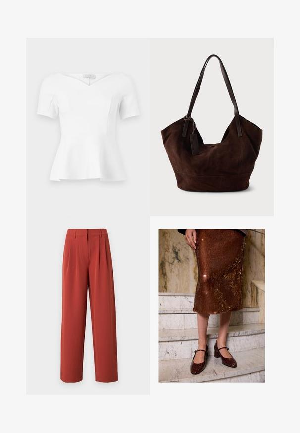 Haut blanc à manches courtes avec basque, encolure en cœur et taille cintrée, étiquette "Anna Field" visible à l'intérieur du col.; Pantalon ample taille haute de couleur rouille avec passants pour ceinture, plis devant et fermeture cachée à l'avant.; Femme portant une jupe midi en sequins bruns et des escarpins Mary Jane en crocodile texturé marron foncé, se tenant sur des escaliers en marbre.; Handbag en cuir suédé marron avec une forme douce et souple. Doté de poignées en cuir et d'une étiquette décorative. Texture plain avec des coutures courbes.