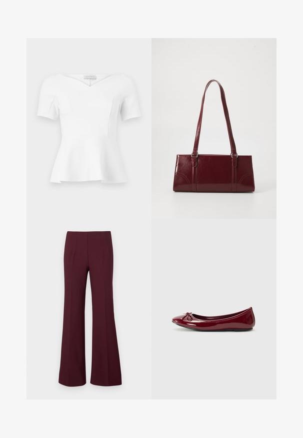 Top blanco de manga corta con peplum, escote corazón y cintura ajustada, con etiqueta "Anna Field" visible en el interior del cuello.; Pantalones acampanados de talle alto en burdeos, con pinzas delanteras y un corte entallado, exhibidos sobre un fondo blanco.; Bailarina en charol burdeos brillante, con punta redondeada y pequeño lazo en la parte frontal. Textura suave, tacón bajo.; Bolso burdeos hecho de material brillante, de forma rectangular, con dos asas para el hombro y sutiles acentos curvados en la parte frontal.