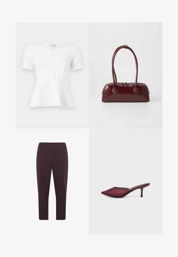 Haut blanc à manches courtes avec basque, encolure en cœur et taille cintrée, étiquette "Anna Field" visible à l'intérieur du col.; Pantalon violet foncé avec une coupe droite, longueur raccourcie et tissu lisse. Il possède une taille plate et aucun système de fermeture visible.; Chaussure mule bordeaux à bout pointu avec un petit talon stiletto et un matériau supérieur en maille sur fond blanc.; Sac à main en cuir bordeaux avec une forme courbée, deux poignées, fermeture éclair et détails de couture subtils. Fini lisse et brillant.