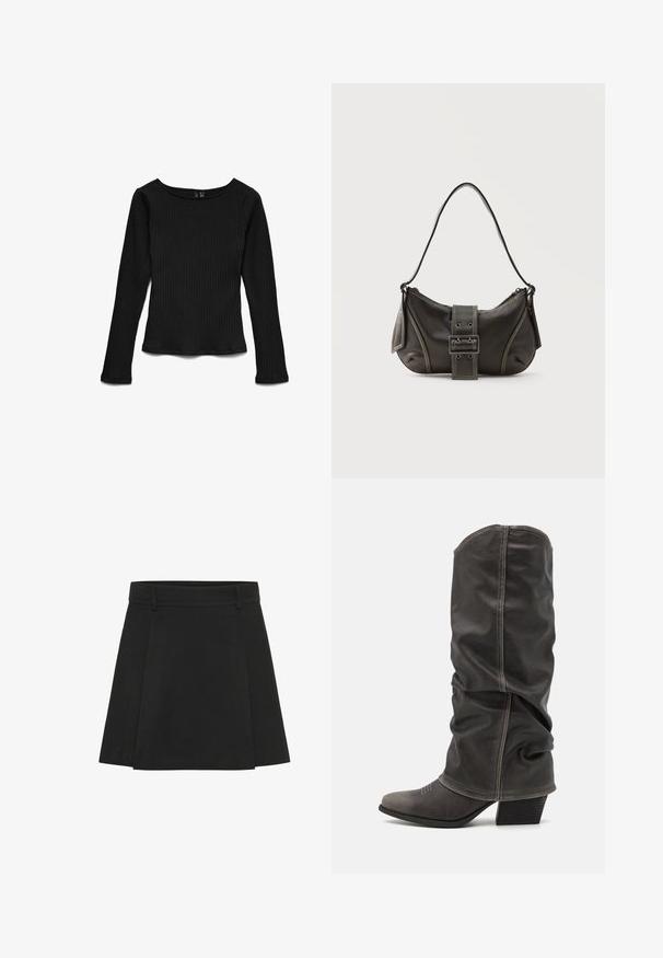 Haut noir à manches longues en maille côtelée avec un col rond et une silhouette ajustée, posé à plat sur un fond blanc.; Jupe plissée noire avec une taille structurée. Fabriquée à partir d'un tissu texturé, elle présente des plis distincts et un ourlet droit.; Bottines en cuir gris hauteur mollet avec un design décontracté, bout pointu et talon empilé. Détails de couture remarquables sur la zone des orteils.; Sac à épaule en cuir noir avec une sangle à boucle, des bords arrondis et des coutures blanches contrastées sur un fond uni.
