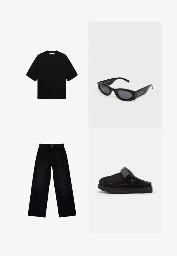 Zwarte katoenen T-shirt met een relaxed fit, korte mouwen en een ronde hals. Gladde textuur met een eenvoudig, effen kleurontwerp.; Zwarte wijde jeans met hoge taille, voor- en achterzakken, knoopsluiting en riemlussen, plat gelegd op een witte achtergrond.; Zwarte suède instap klompen met een ronde neuzen, zachte textuur, verstelbare band en een dikke rubberen zool met een patroonprofiel voor grip.; Zwarte cat-eye Marc Jacobs zonnebril met donkere glazen en de tekst "THE SUNGLASSES" op het montuur, weergegeven op een witte achtergrond.