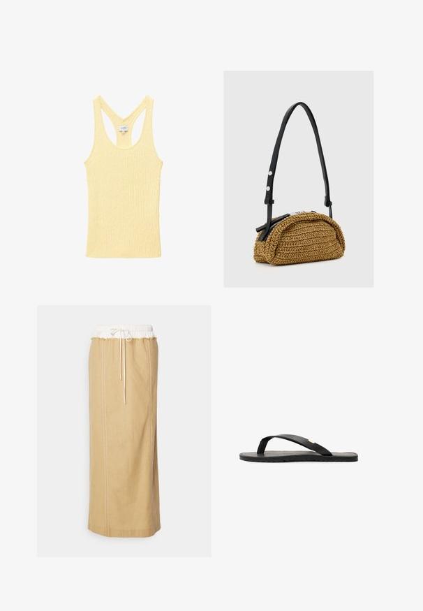 Blød gul ribbet tanktop med racerback-design, lavet af tekstureret strikstof.; Langbeige linned nederdel med en elastisk hvid talje, der har snørelukning og kontrastsyninger langs siderne.; Sort flip-flop sandal med flad sål, tekstureret sort indersål, glatte stropper og en lille gul accent nær tåposten.; Lille tan vævet håndtaske med buet form, sort justerbar læderstrop og sølv lynlåslukning.