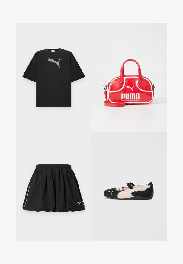 T-shirt noir oversize à manches courtes, avec un grand logo Puma blanc au centre devant.; Jupe courte sportive noire avec taille élastique, liseré blanc sur le côté et petit logo Puma sur le côté inférieur droit.; Ballerines en suède noir et rose clair avec des sangles élastiques, un bout arrondi et une semelle en caoutchouc texturée, arborant un petit logo à l'avant.; Mini sac à main en cuir verni rouge avec des accents blancs, de forme arrondie, double anses, bandoulière amovible et logo PUMA bien visible.