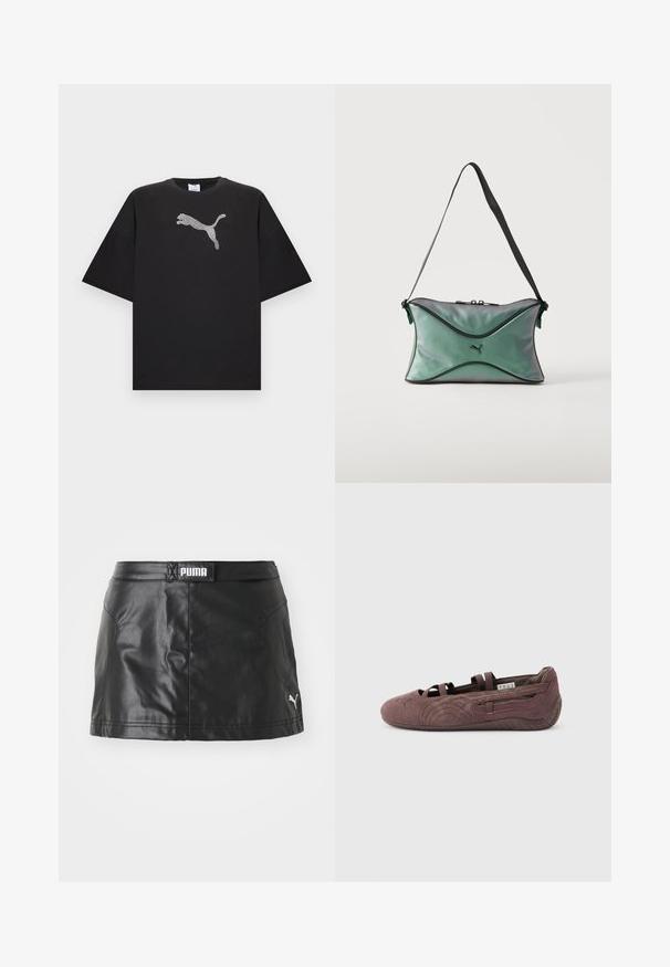 T-shirt noir oversize à manches courtes, avec un grand logo Puma blanc au centre devant.; Jupe en faux cuir noir avec une texture lisse, arborant un logo PUMA à la taille et un petit logo sur l'ourlet.; Ballerine plate en suède marron avec des lanières élastiques et une semelle texturée, vue de profil sur un fond clair uni.; Petit sac d'épaule vert irisé avec bordure noire, sangle réglable noire, fermeture éclair et logo Puma au centre avant.