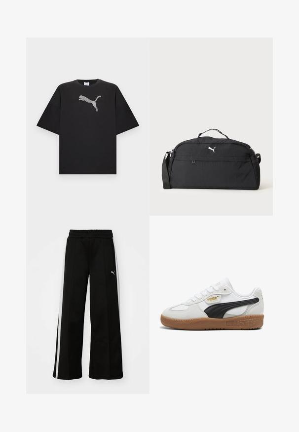 Čierne oversized tričko s krátkymi rukávmi, s veľkým bielym logom Puma uprostred prednej časti.; Čierne nohavice s širokými nohavicami a elastickým pásom, vertikálne biele pruhy, bočné zipsové vrecká a malé logo na stehne.; Biele kožené tenisky s čiernym semišovým pruhom, gumenou podrážkou a zlatým brandingom na boku. Šnurovací dizajn s okrúhlou špičkou.; Čierna športová taška Puma s bielym logom, horným madlom, nastaviteľným ramenným popruhom a sieťovanými bočnými vreckami na jednofarebnom pozadí.