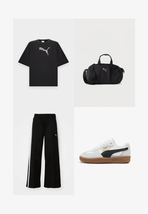 Čierne oversized tričko s krátkymi rukávmi, s veľkým bielym logom Puma uprostred prednej časti.; Čierne nohavice s širokými nohavicami a elastickým pásom, vertikálne biele pruhy, bočné zipsové vrecká a malé logo na stehne.; Biele kožené tenisky s čiernym semišovým pruhom, gumenou podrážkou a zlatým brandingom na boku. Šnurovací dizajn s okrúhlou špičkou.; Čierna textúrovaná crossbody kabelka s hornými rukoväťami, širokým nastaviteľným remienkom a malým zlatým logom Puma uprostred vpredu.