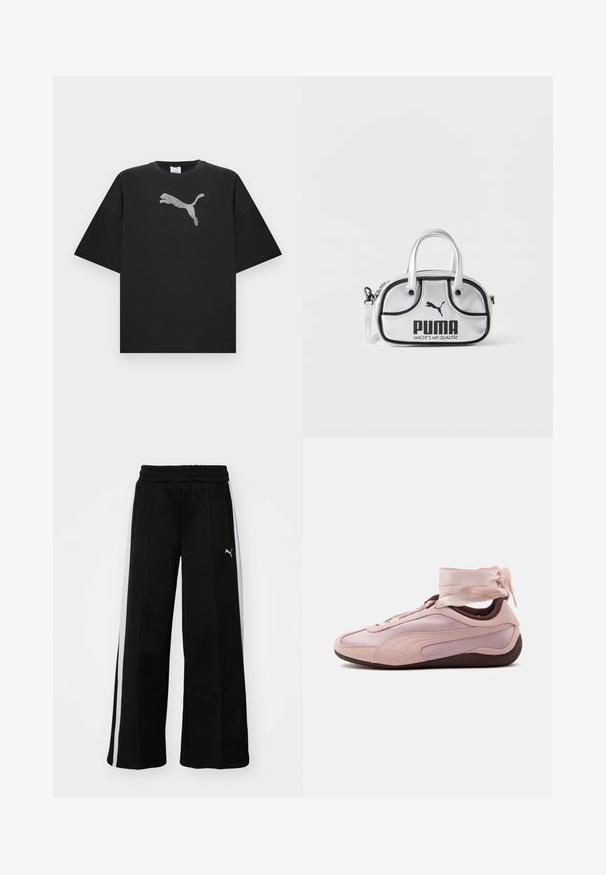 Sort oversized T-shirt med korte ærmer, der har en stor hvid Puma-logo i midten foran.; Sorte bukser med vide ben, elastisk talje, lodrette hvide striber, sidelivlommer og et lille logo på låret.; Lyserød lavtop-sneaker med mørk sål, strømlinet design og bånd bundet omkring anklen for en dekorativ indpakningseffekt.; Lille sølvfarvet Puma håndtaske med sorte kanter, to håndtag, aftagelig skulderrem og Puma-logo med slogan foran.